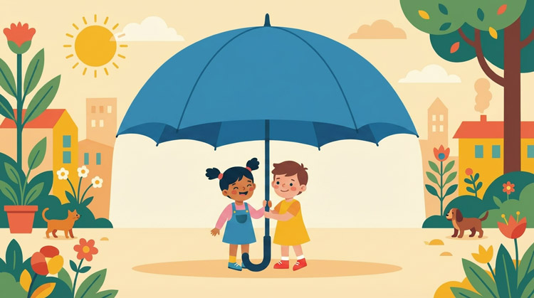 Bild zum Thema Kinderschutz &ndash;&nbsp;Illustration mit 2 kleinen Kindern unter einem Regenschirm